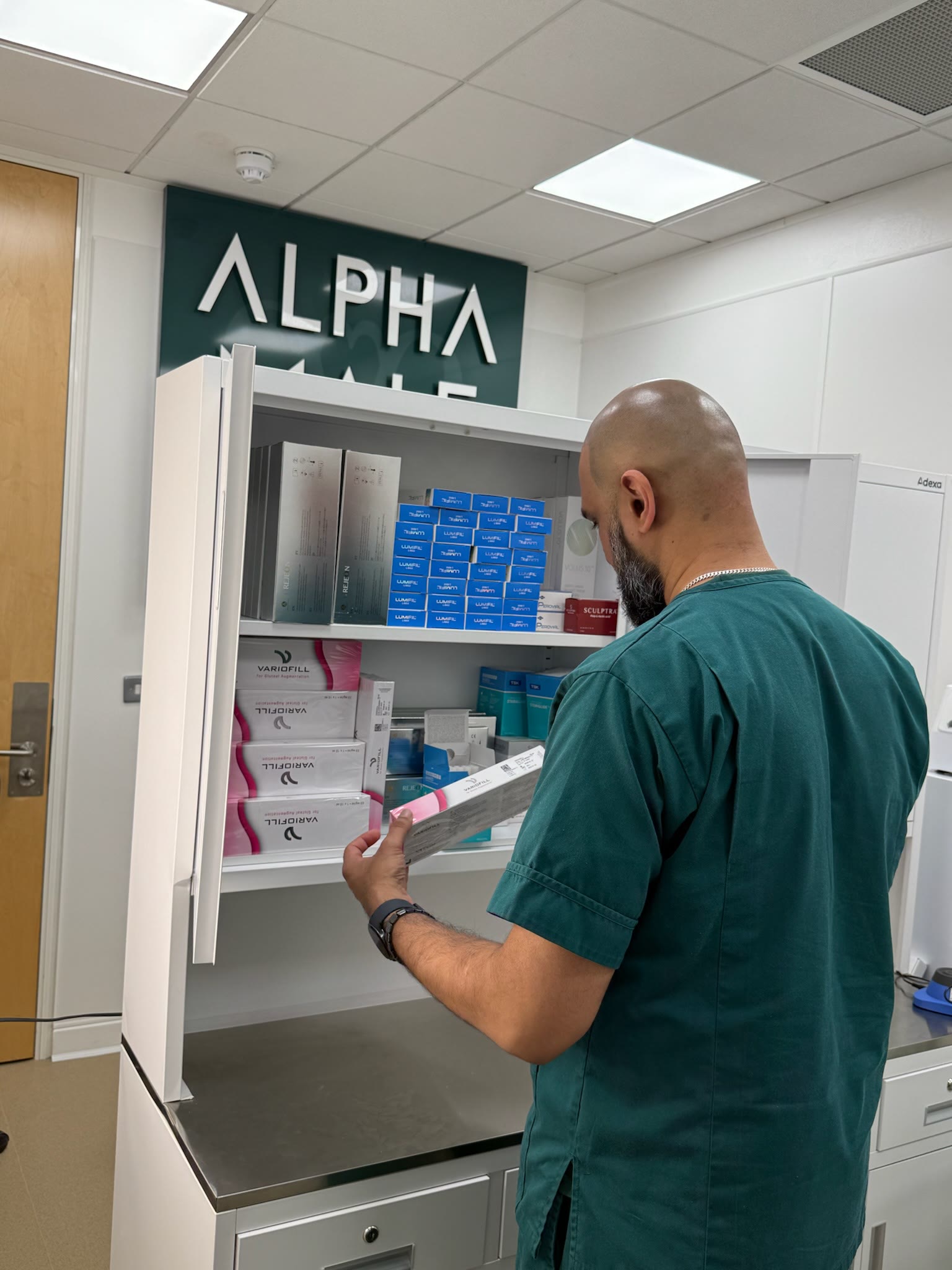 Clinic supply cabinet stocked with sealed treatment products